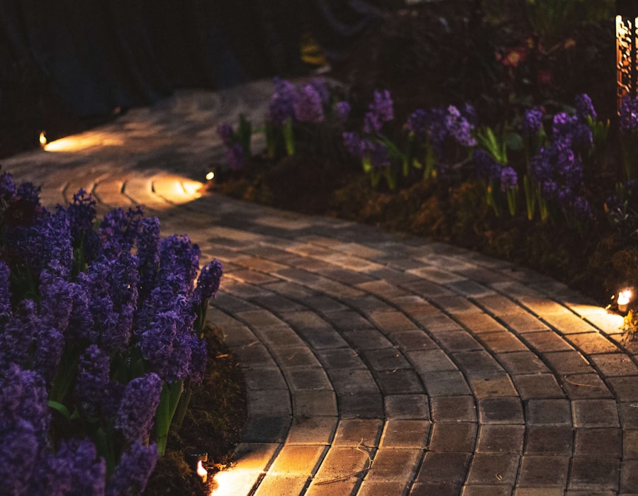 Verlicht tuinpad in de avond
