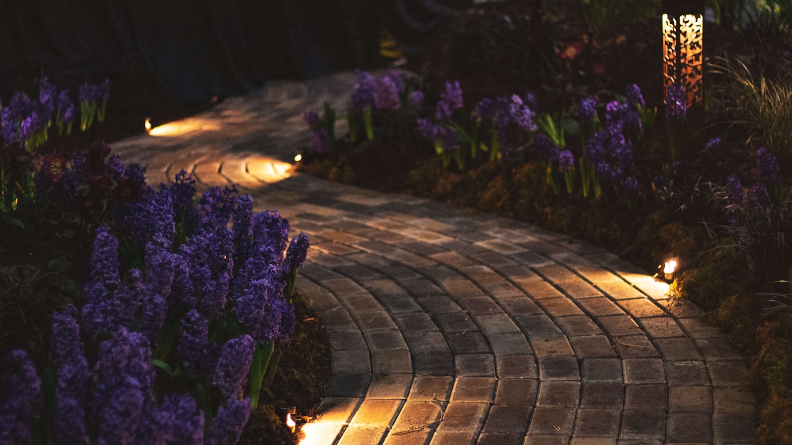 Verlicht tuinpad in de avondschemering