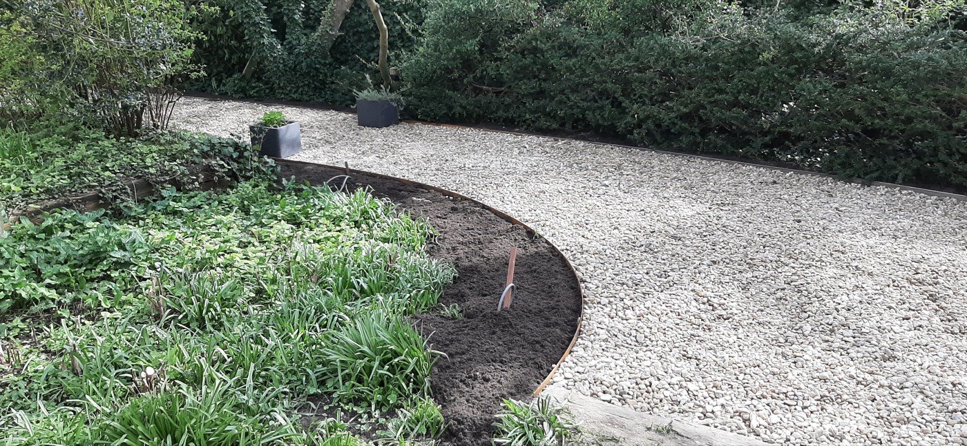 Grindpad met vaste planten en border